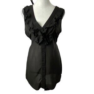 Anthropologie FEI Women Blouse Sz 4 Black Sheer Ruffle Button Front V Neck 33-4